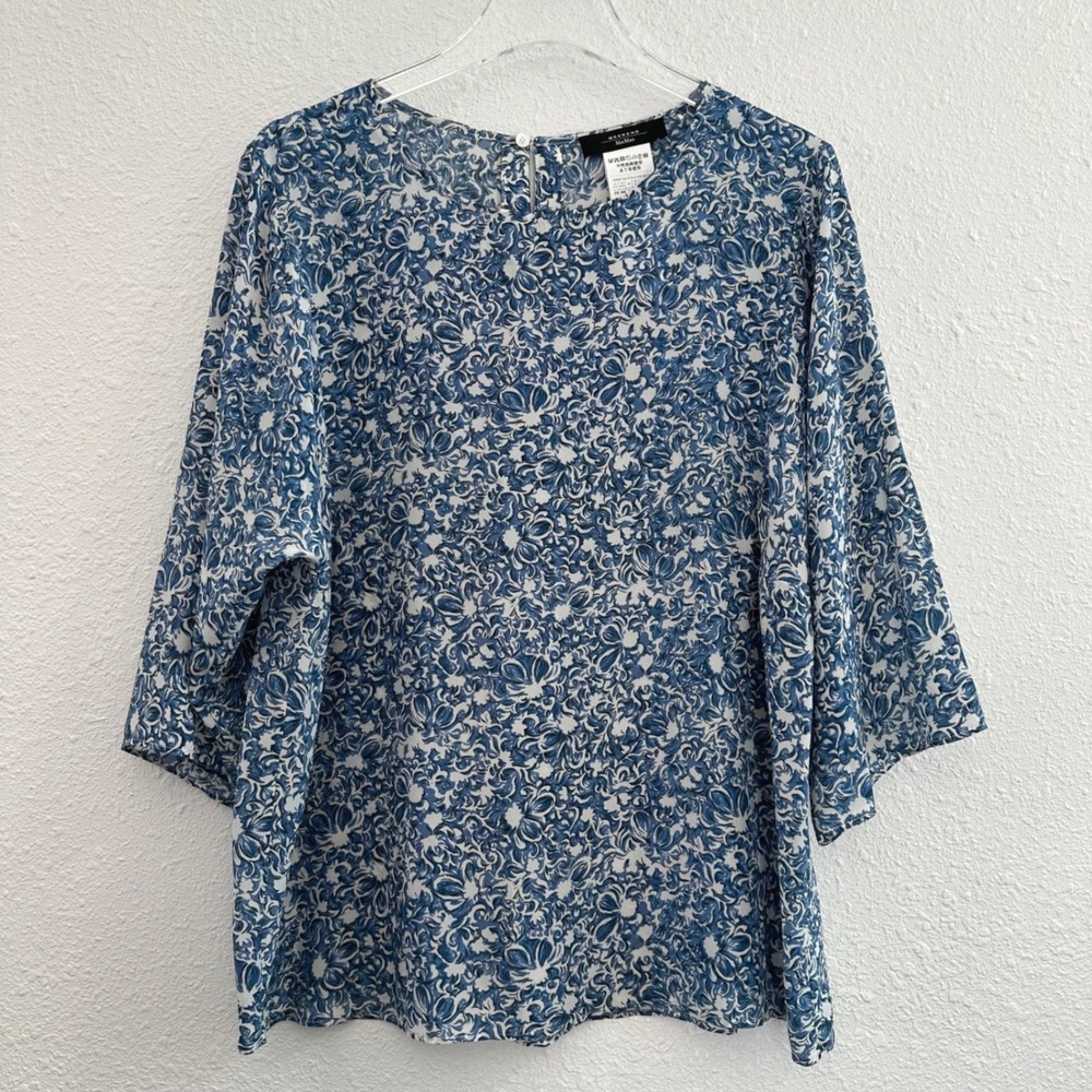 Weekend Max Mara Blouse Womens 10 Blue Floral Silk 3/4 Sleeve Quiet Luxury